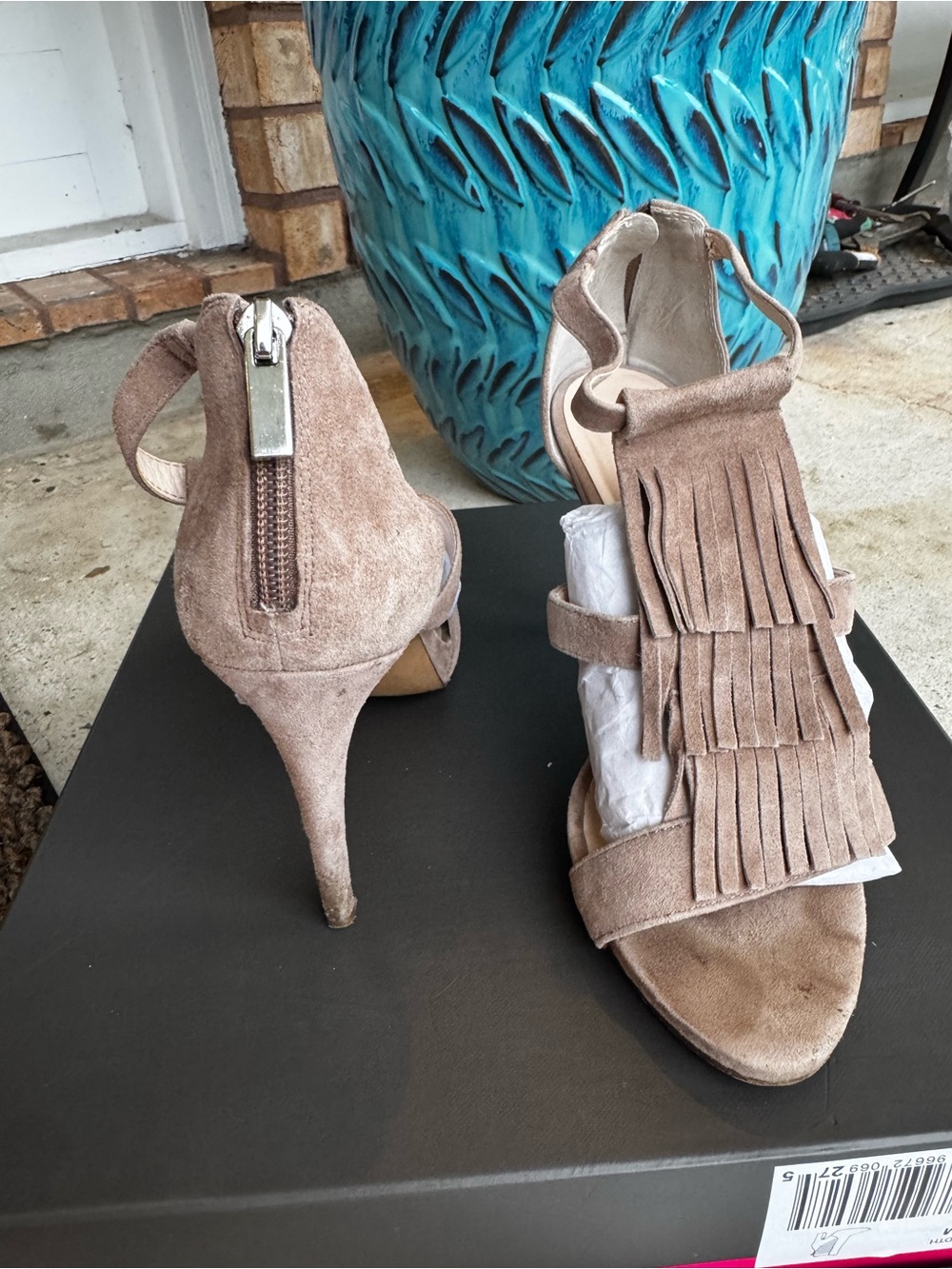 INC International Concepts Taupe Suede Fringe High Heel Sandals